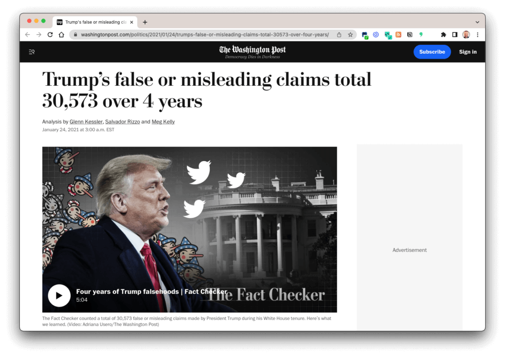 Screenshot eines Beitrags der Washington Post über US-Präsident Donald J. Trump, der während seiner Präsidentschaft bei mehr als 30.000 Lügen und Unwahrheiten erwischt worden ist. Screenshot vom 20. November 2022